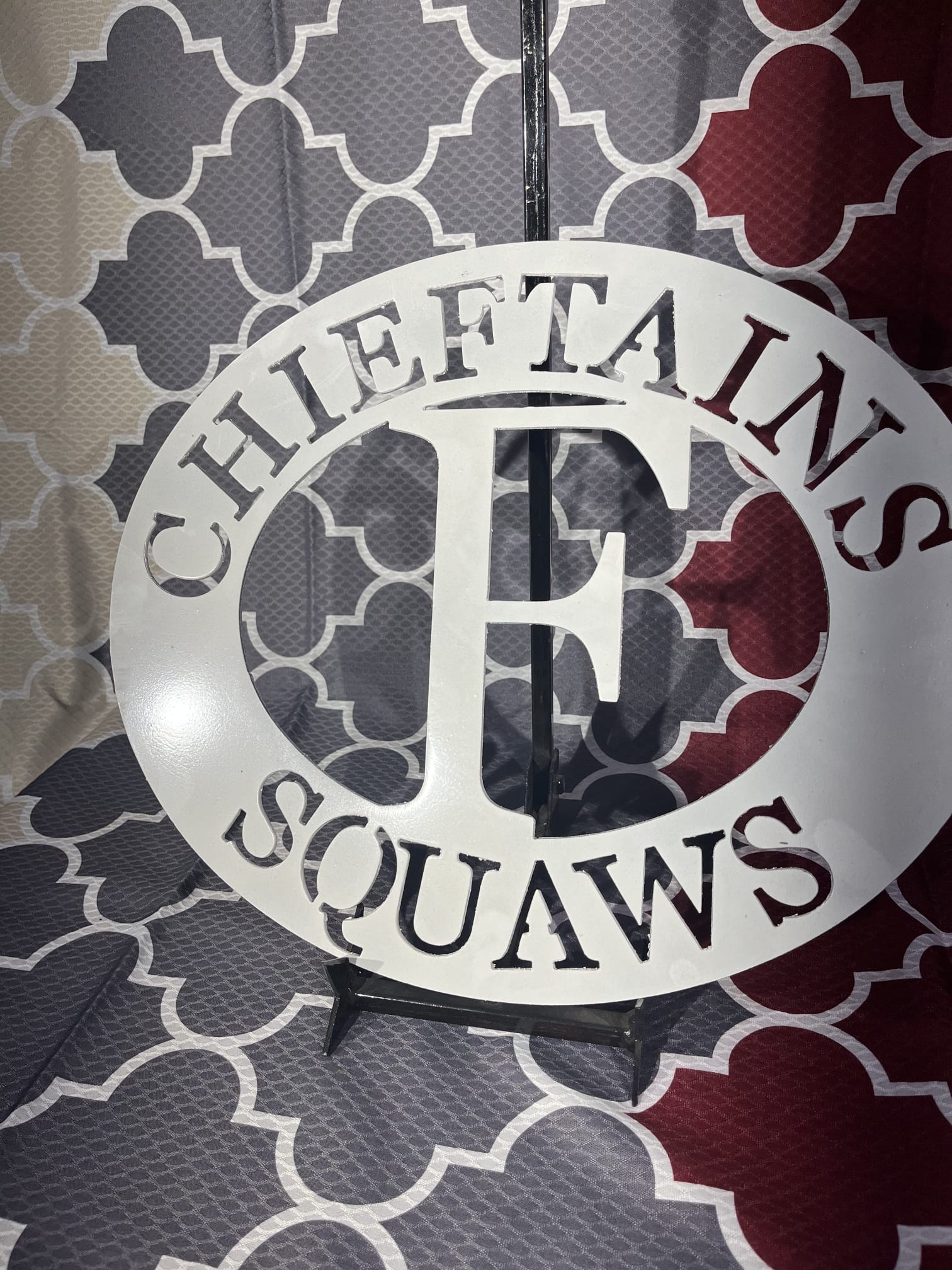 Metal sign with Chieftains Squaws on it.