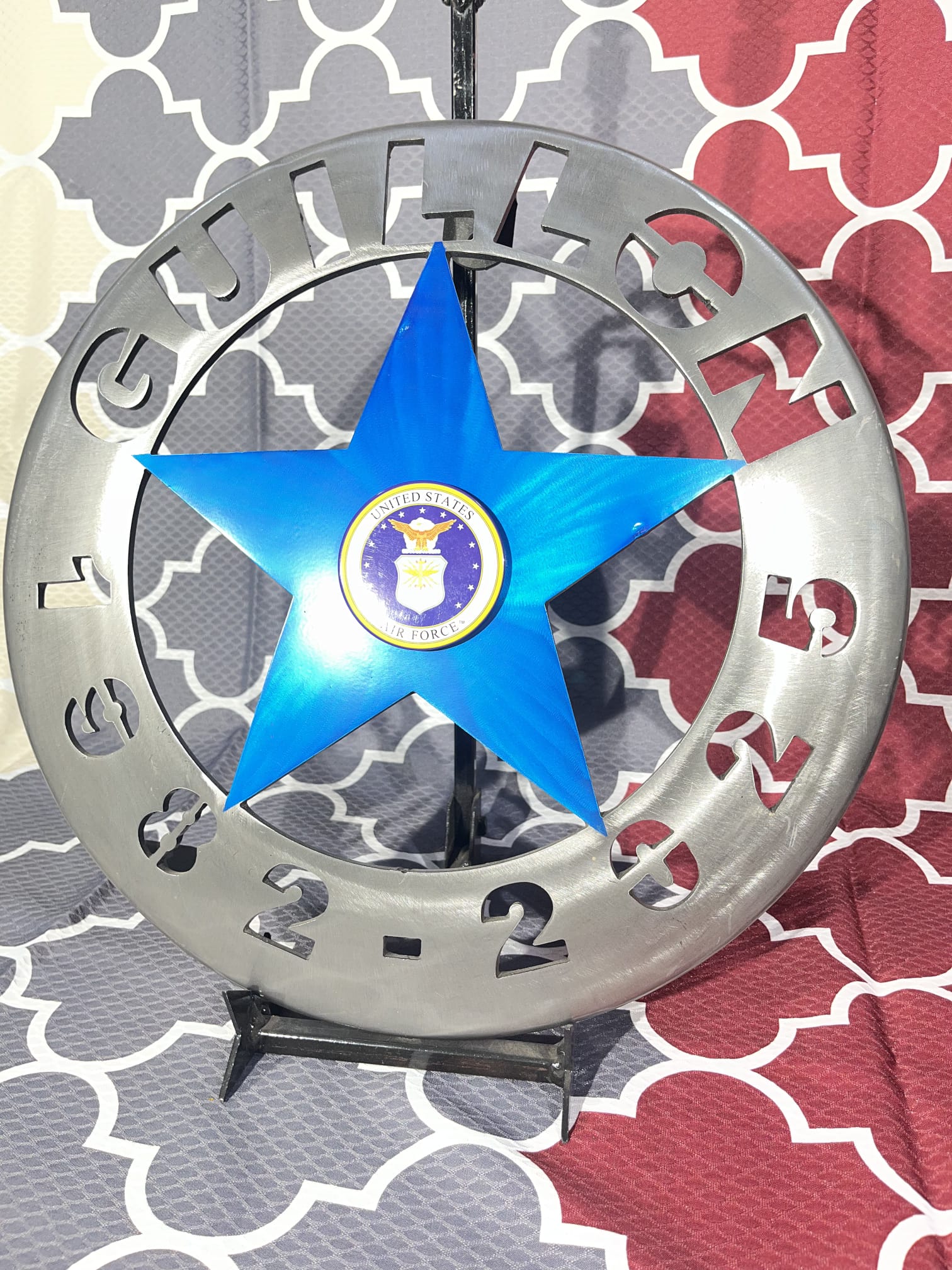 Metal sign with personalized design.