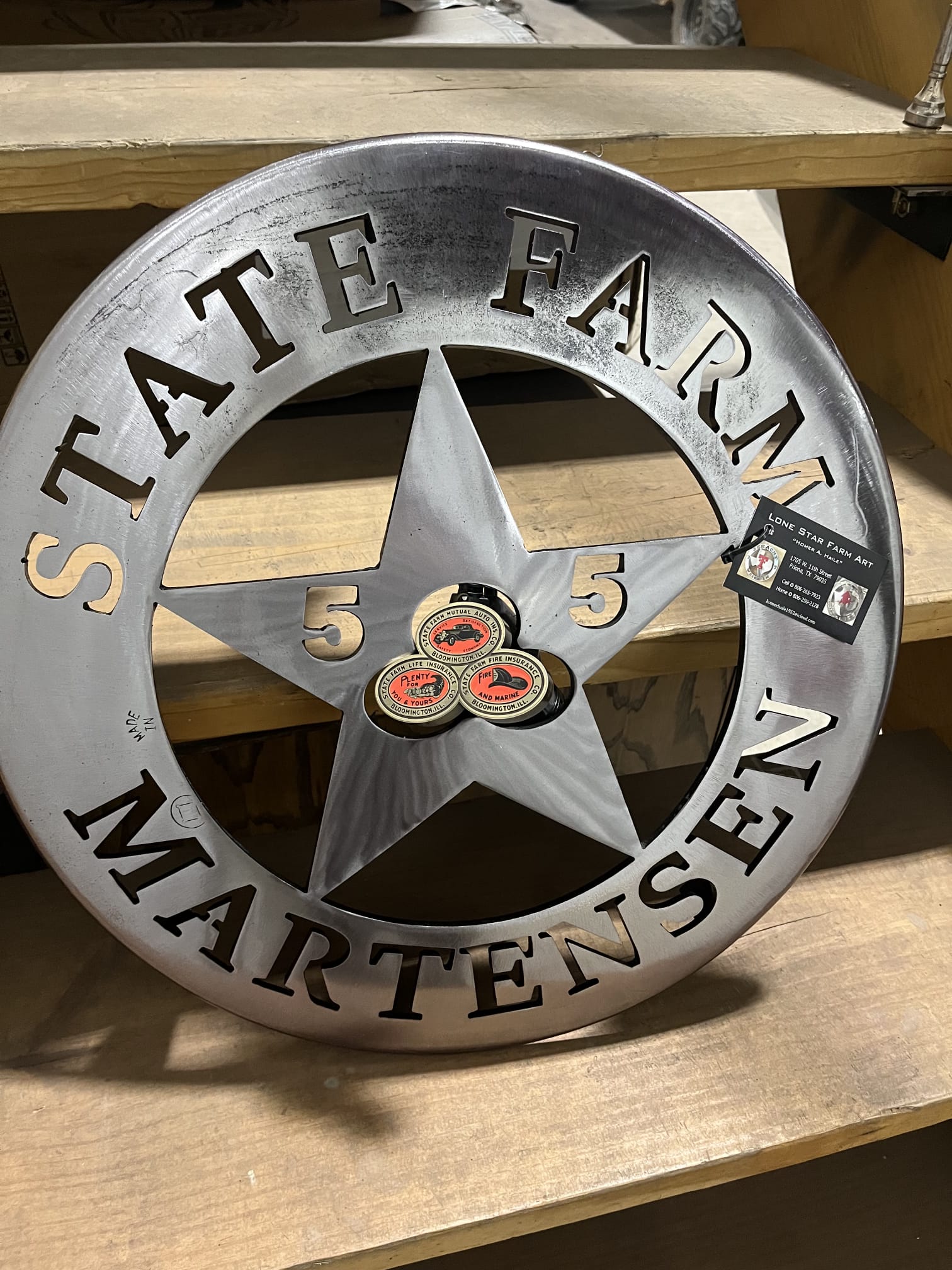 Metal sign with personalized design.